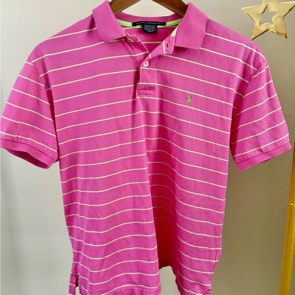Vintage Ralph Lauren Golf Pink Stripe Polo Women’s Medium USA Made Pony Logo